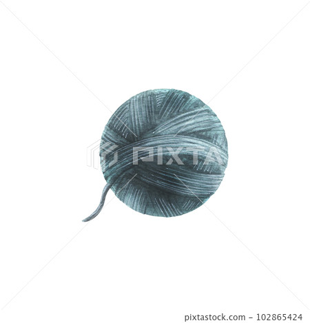 Ball of thread, yarn of blue colors. Watercolor illustration. Isolated object from a large set of COZY WINTER. For decoration, design, decor, compositions, frames, bards, logos, needlework 102865424