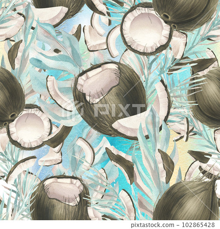 Tropical turquoise leaves with different shapes and pieces of coconut. Watercolor illustration. Seamless pattern from the COCONUT collection. For fabric, textiles, wallpaper, packaging, menus recipes 102865428
