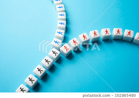 People are divided into two streams. Opposition factions. Dividing, splitting up. Lack of consensus. Ideological conflict. Rivalry to improve work efficiency. 102865480