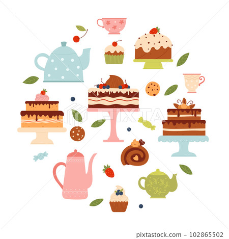 Tea, coffee and sweets invitation template, postcard. 102865502