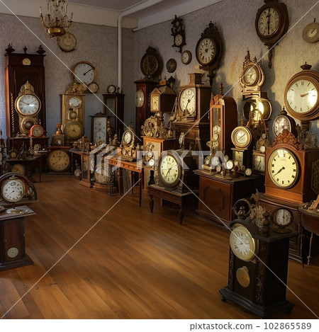 Interior of watch workshop, room with many different clocks, an unusual interior of room, concept of passage of time, 102865589