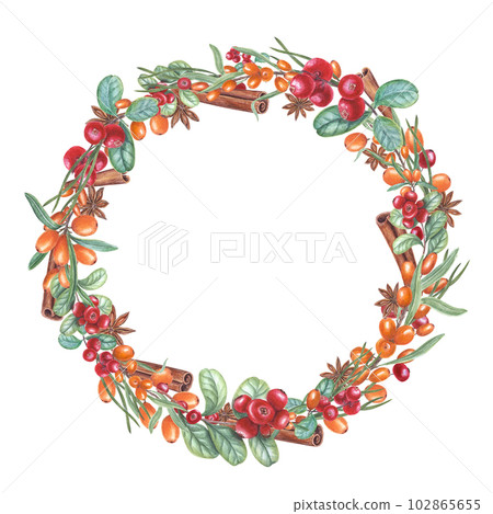 Watercolor wreath of sea buckthorn, star anise, cowberry, pine needles isolated on white background. Illustration for postcard design, invitation template, birthday, Christmas and New Year cards 102865655