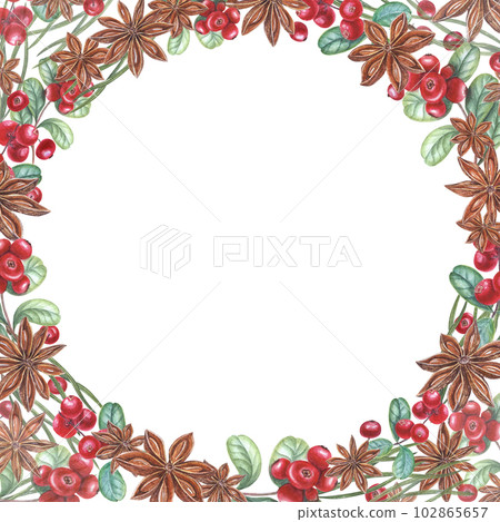 Watercolor frame of star anise, cowberry, pine needles isolated on white. Beautiful combination of red berries, green leaves and brown star anise. Christmas, New Year cards 102865657