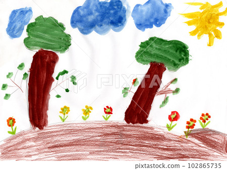 Joy children drawing with glade of flowers on hill. Childish art. Drawn nature Joy children drawing with glade of flowers on hill. Childish art. Drawn nature 102865735