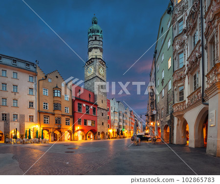 Stadtturm tower at dusk, Innsbruck, Austria Stadtturm tower at dusk, Innsbruck, Austria 102865783