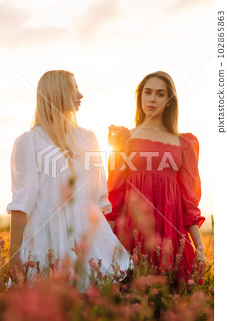 Two Beautiful woman in a field. Nature, fashion, vacation and lifestyle. Two Beautiful woman in a field. Nature, fashion, vacation and lifestyle. 102865863