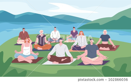 Outdoor meditation on nature. Mind therapy group of women and men together. People keep calm and recovery, wellbeing relax kicky vector scene Outdoor meditation on nature. Mind therapy group of women and men together. People keep calm and recovery, wellbeing relax kicky vector scene 102866036
