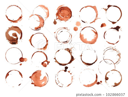 Coffee stains set, isolated cup circles tea or espresso. Dirty stain, drinking elements on table surface. Neoteric abstract vector graphic set Coffee stains set, isolated cup circles tea or espresso. Dirty stain, drinking elements on table surface. Neoteric abstract vector graphic set 102866037