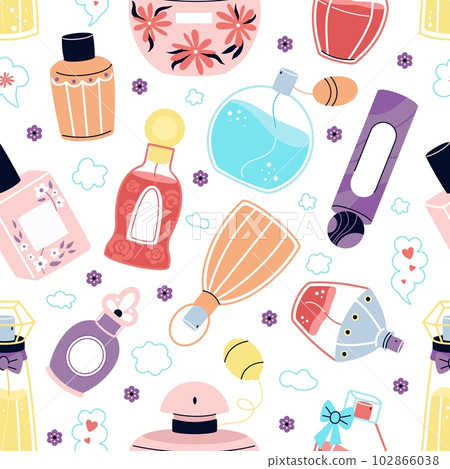 Perfume packaging seamless pattern. Fragrance bottles texture, cosmetic bottle lady fabric print. Retro perfumes decent vector background Perfume packaging seamless pattern. Fragrance bottles texture, cosmetic bottle lady fabric print. Retro perfumes decent vector background 102866038