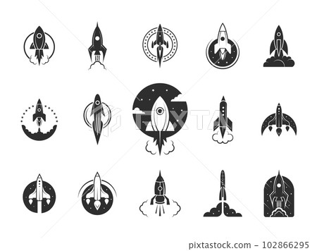 Rocket silhouette launch. Speed spaceship icons, fast space rocketship fly symbols, cosmos explorer designs Rocket silhouette launch. Speed spaceship icons, fast space rocketship fly symbols, cosmos explorer designs 102866295