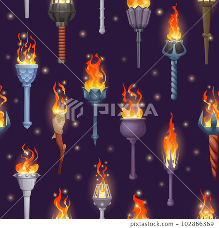 Torch light pattern. Ancient glowing illumination burning flame torches exact vector seamless background Torch light pattern. Ancient glowing illumination burning flame torches exact vector seamless background 102866369
