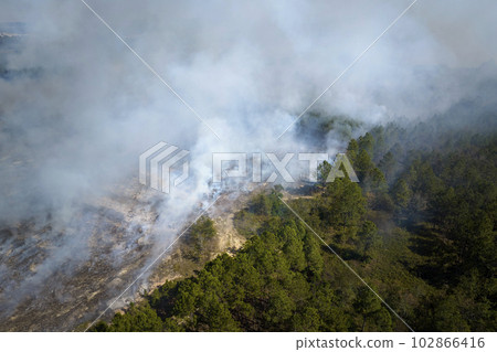Aerial view of white smoke from forest fire rising up polluting atmosphere. Natural disaster concept Aerial view of white smoke from forest fire rising up polluting atmosphere. Natural disaster concept 102866416