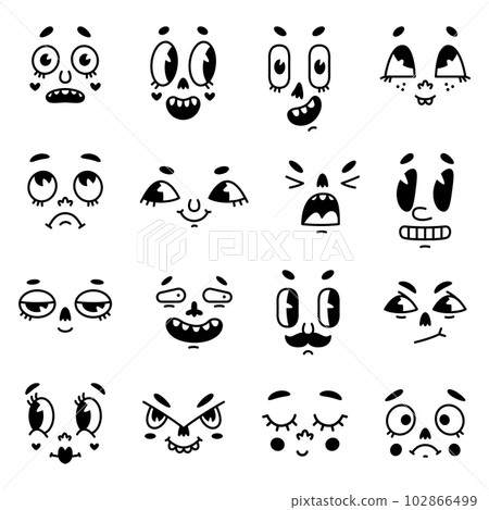 Retro Cartoon Mascot Faces with Eyes and Mouth Elements Vector Set Retro Cartoon Mascot Faces with Eyes and Mouth Elements Vector Set 102866499