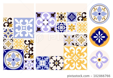 Decorative cards template. Portuguese and spanish motifs, rosettes with flowers. Abstract traditional lisbon tiles. Vector modern cards stickers design 102866766