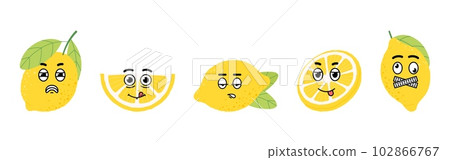 Crazy lemons with funny faces. Trendy cartoon stickers, decorative abstract characters. Isolated emotional citruses, vector cute graphics 102866767