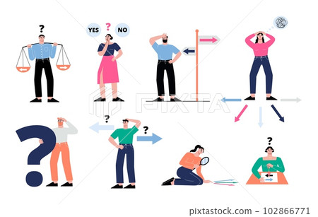 People choosing and thinking, choose paths. Thoughtful employee, student question or think about career direction. Choice sapid vector scenes People choosing and thinking, choose paths. Thoughtful employee, student question or think about career direction. Choice sapid vector scenes 102866771