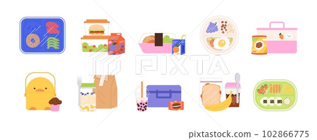 Children lunch box, snack set. Backpack food, sandwich bread, fruits and drinks. Kindergarden or school breakfast, take away meals racy vector set 102866775