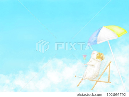 A cute illustration of a hamster drinking a drink and relaxing on a cloud floating in the blue sky. Watercolor illustration for summer. 102866792