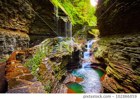 Upstate New York magical Watkins Glen waterfall and gorge during fall Upstate New York magical Watkins Glen waterfall and gorge during fall 102866859