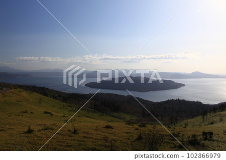 Lake Kussharo from the Bihoro Pass Observatory in Hokkaido 102866979