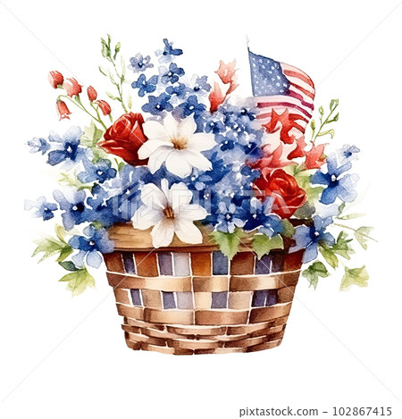 USA flag and flowers in basket. watercolor. Illustration AI Generative 102867415