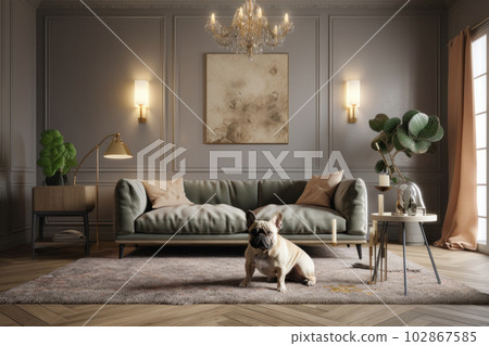 A calm and serene living room with a cozy couch and a loyal dog sitting on the floor, creating a peaceful atmosphere at home. Generative AI. 102867585