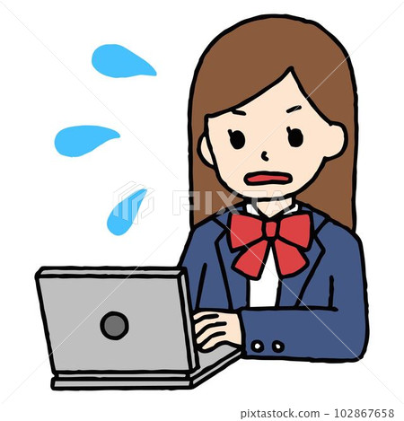 A high school girl studying a computer is impatient A high school girl studying a computer is impatient 102867658