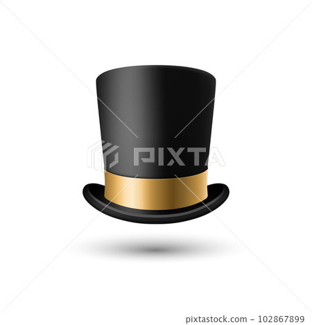 Vector 3d Realistic Black Top Hat Icon with Golden Ribbon Closeup Isolated. Classic Retro Vintage Top Hat, Vintage Gentlemans Mens Hat, Front View Vector 3d Realistic Black Top Hat Icon with Golden Ribbon Closeup Isolated. Classic Retro Vintage Top Hat, Vintage Gentlemans Mens Hat, Front View 102867899