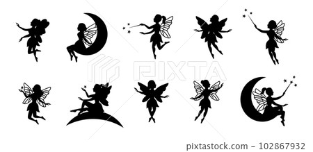 Fairy silhouettes. Funny fairies in different poses. Little creatures with wings. Mythical fairy tale characters in cute dresses. Beautiful fairies 102867932