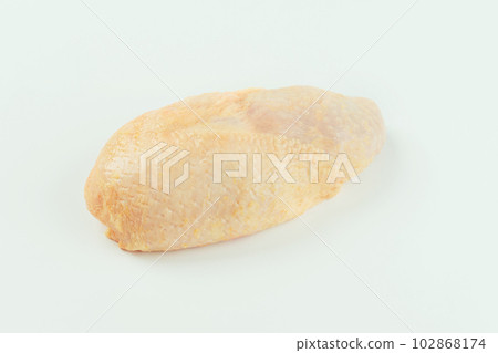 Raw fresh chicken leg meat with skin on white background.Copy space.Food for retail.Procurement for designers.Ogranic food,healthy eating.Food concept.Top view.Chicken leg meat. 102868174