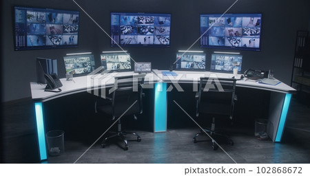 Workspace in security control center with computers and big digital screens Workspace in security control center with computers and big digital screens 102868672
