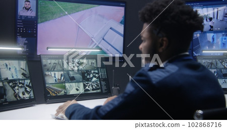 African American officer controls CCTV cameras African American officer controls CCTV cameras 102868716