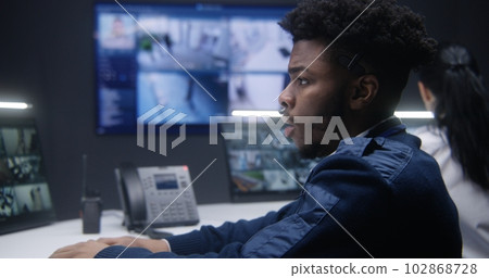 African American officer controls CCTV cameras African American officer controls CCTV cameras 102868728
