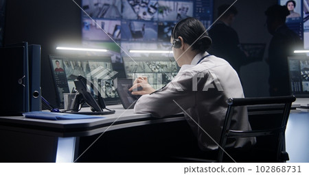 Female officer controls CCTV cameras using tablet Female officer controls CCTV cameras using tablet 102868731