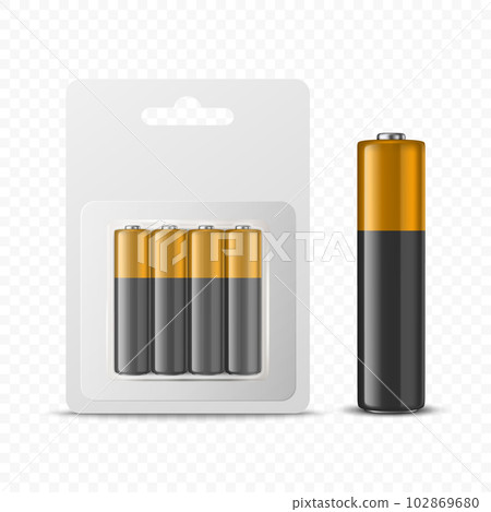 Vector 3d Realistic Four Alkaline Battery in Paper Blister and Single Battery Icon Closeup Set Isolated. AA Size, Vertical Position. Design Template for Branding, Mockup. Vector Illustration Vector 3d Realistic Four Alkaline Battery in Paper Blister and Single Battery Icon Closeup Set Isolated. AA Size, Vertical Position. Design Template for Branding, Mockup. Vector Illustration 102869680