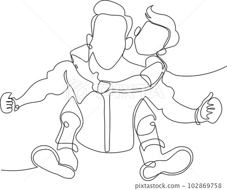 Hugs of a father with a child. One continuous line drawing banner, background, poster with family embrace. Happy Father Day simple vector illustration of child and father. Vector illustration Hugs of a father with a child. One continuous line drawing banner, background, poster with family embrace. Happy Father Day simple vector illustration of child and father. Vector illustration 102869758