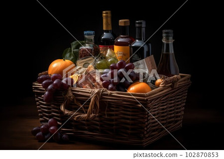 Products in a wicker basket including vegetables, fruits, bakery and wine  102870853