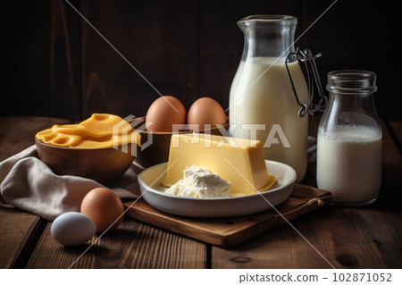 dairy products and eggs stand on a rustic farm table 102871052