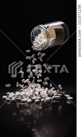 capsules or pills spill out of a jar on a table on a dark background. health medicine concept 102871286