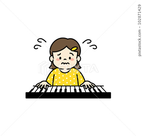 Illustration of a girl who is worried because she can't play the piano well 102871429