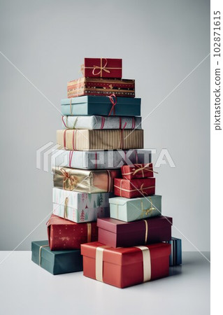 Large stack of Christmas gifts in the shape of a high mountain Large stack of Christmas gifts in the shape of a high mountain 102871615
