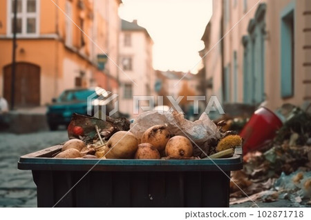 fruit and vegetable peelings and garbage are lying in the city on the street.  102871718