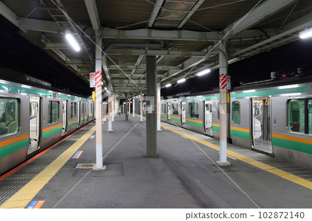 E231 series train (green car) stopping at Kagohara Station on the Takasaki Line E231 series train (green car) stopping at Kagohara Station on the Takasaki Line 102872140