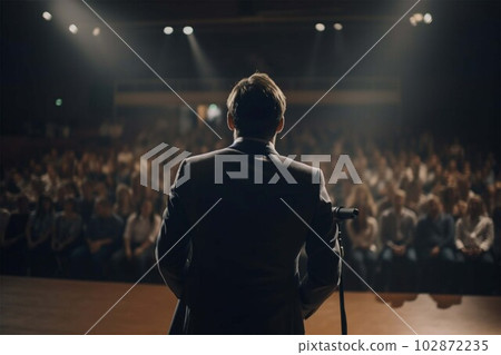 Motivational speaker with headset performing on stage, back view 102872235