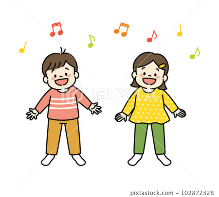 Illustration of a child singing a song Musical notes Whole body 102872328