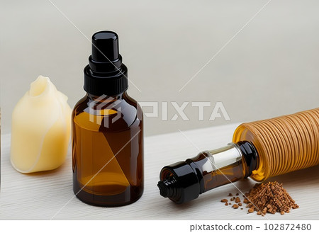 Showcase Your Eco-Friendly Products with a DIY Glass Amber Bottle Flat Lay and Dropper Bottle Presentation. Generative AI. 102872480