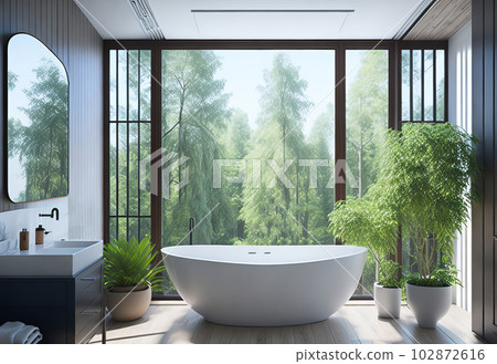 Experience Serenity with an Illustration of a Bathroom Featuring Spacious French Windows. Generative AI. Experience Serenity with an Illustration of a Bathroom Featuring Spacious French Windows. Generative AI. 102872616