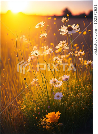 Brings to Life a Field of Wildflowers in the Warm Sunset Light of a Blooming Spring Meadow. Generative AI. 102872621
