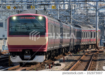 E531系列K423編隊紅色列車通過常磐線禦徒町在上野東京線上行駛 E531系列K423編隊紅色列車通過常磐線禦徒町在上野東京線上行駛 102873007