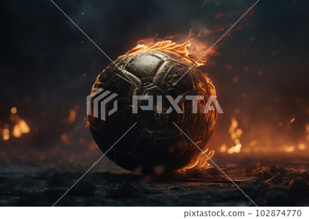 A soccer ball on fire against a dark background, representing the explosive nature of the sport. AI generative. A soccer ball on fire against a dark background, representing the explosive nature of the sport. AI generative. 102874770